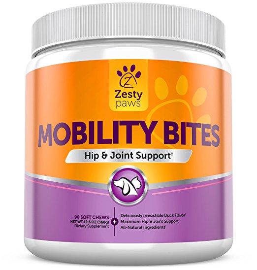 Zesty Paws Mobility Bites Hip & Joint Support Chews with Glucosamine, Chondroitin & MSM for Dogs & Cats, 90 count